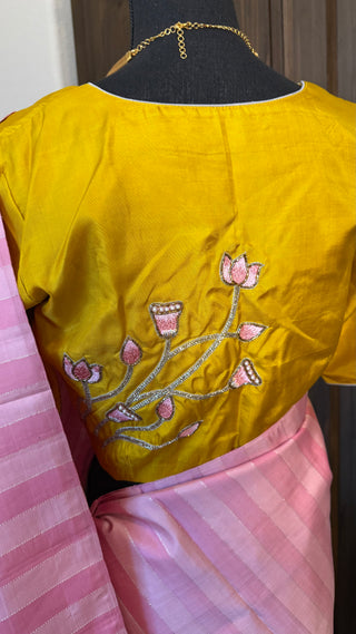 Pure Handwoven Pastel Pink pure handwoven kanchi pattu saree with hand embroidered  blouse