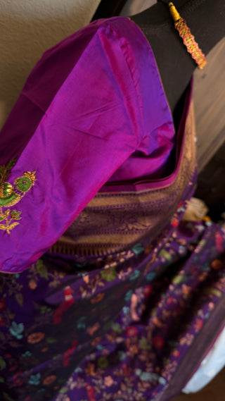 Purple Pure katan Benerasi silk saree with stitched  embroidered blouse online shopping usa
