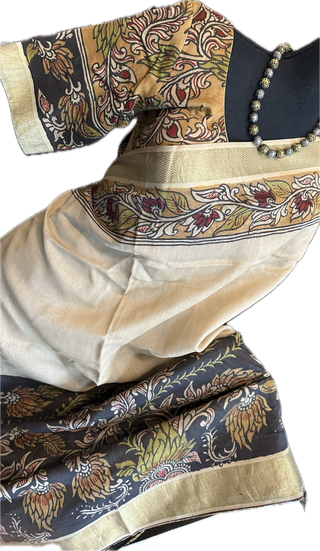 Pen Kalamkari hand painted embroidered  tussar saree online usa with stitched blouse