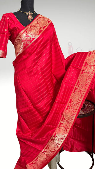 Red Chili Handloom Banaras raw mango silk Pure Silk Saree with Gold Zari Border – Ready to Wear Online USA