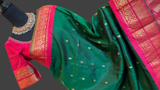 Bottle Green Gadwal silk saree with pink zari with embroidered blouse