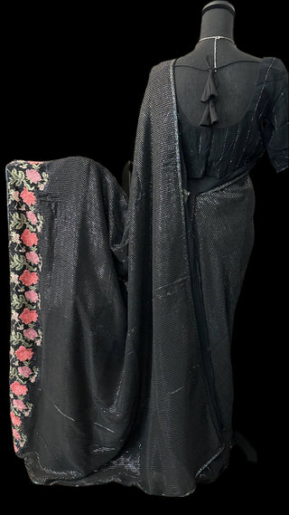 Black  Sequin georgette saree  embroidered with stitched blouses