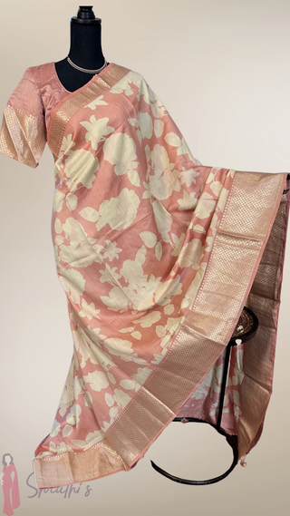 Pastel Light Peach  floral chinya blue  silk sarees with stitched blouse