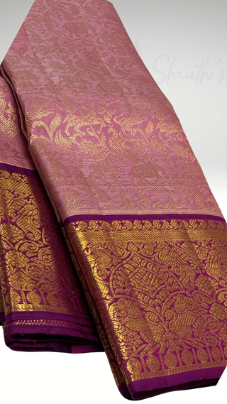Pure Handloom Authentic Kanjivaram Pastel Pink Vanasingaram brocade silk saree gold zari online stitched blouse embroidered blouse  one of a kind elegant easy drape  silk saree online shopping ships from USA