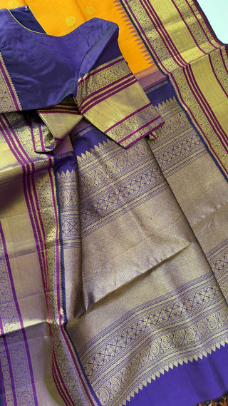 Apricot to Indigo Border Pure Kanjivaram Silk saree with stitched blouse ready to wear latest Diwali navarathri collection online USA
