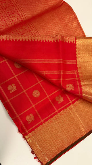 Pure Red kanjivaram pattu muhurtam kalyanam Pelli cheera saree pure zari handloom korvai kanchi red checks butta kanjivaram silk saree with embroidery  blouse
