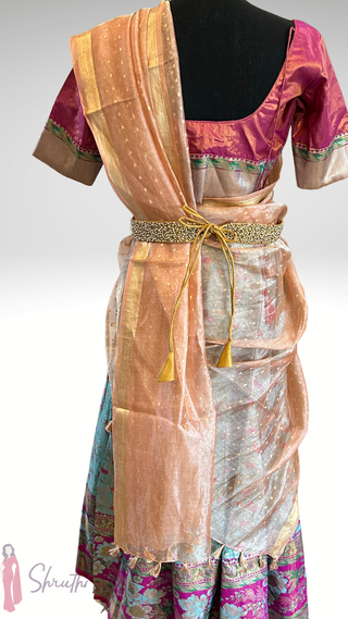 Pastel Blue tissue pavadai lehenga with stitched blouse