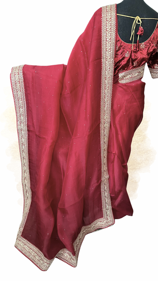 Red soft organza silk saree with velvet embroidered blouse easy drape online shopping usa