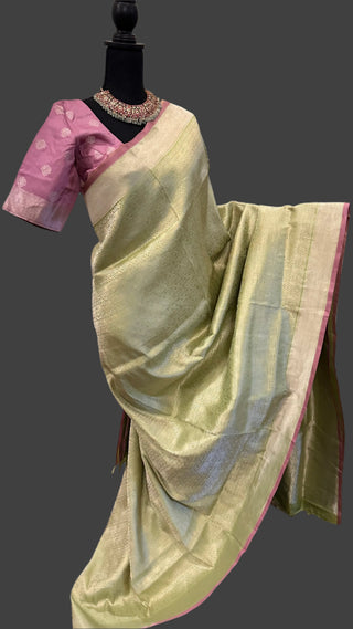 Green silver  Benerasi silk saree with stitched  blouse online shopping usa