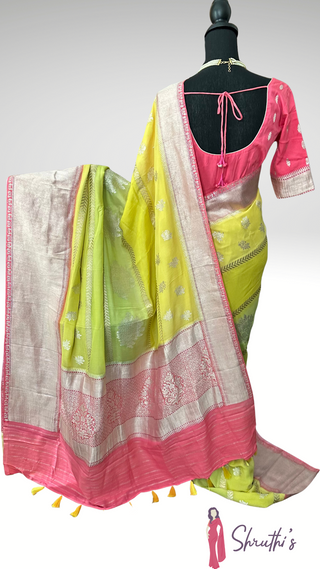 Benerasi Georgette silver zari saree unique handwoven lightweight pure silk saree with stitched blouse ready to ship USA online partywear unique