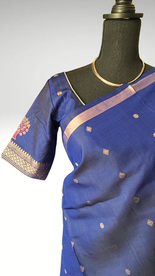 Pure Handloom Soft Silk Saree dark blue silk saree with embroidered  Stitched Blouse Indian handloom wedding pattu Saree Online USA Ready to Ship Saree Online USA Easy Drape