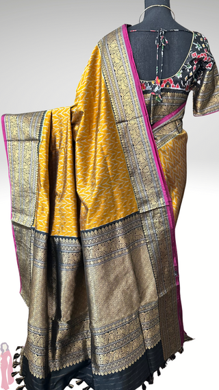 Mustard Black Pure Ikat Silk Saree Pure Silver Zari  HandloomWeave with Zari Border Ready to Wear Stitched blouses available Online USA Partywear