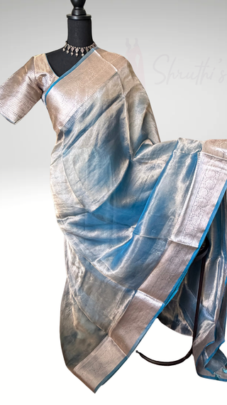 Pure Tissue Beneras pastel Ice Blue checks handwoven pure silk saree stitched blouse saree readymade online USA