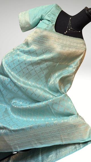 Banaras Pure pastel Tissue Silk Saree iwith silver Zari Border – Ready to Wear Online USA