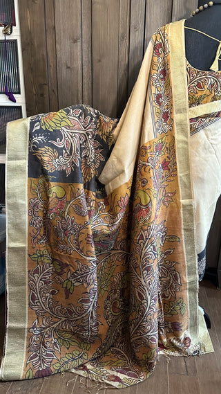 Pen Kalamkari hand painted embroidered  tussar saree online usa with stitched blouse