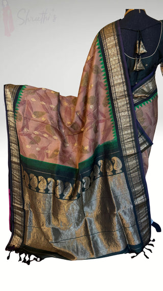 Vintage weaves pure Handloom silk Eco print Goldish Brown butta Gadwal silk saree with stitched  blouse