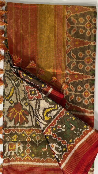 Tissue Handloom pure silk Patan patola silk saree with  silk finish pallu double threaded saree with prestitched blouse