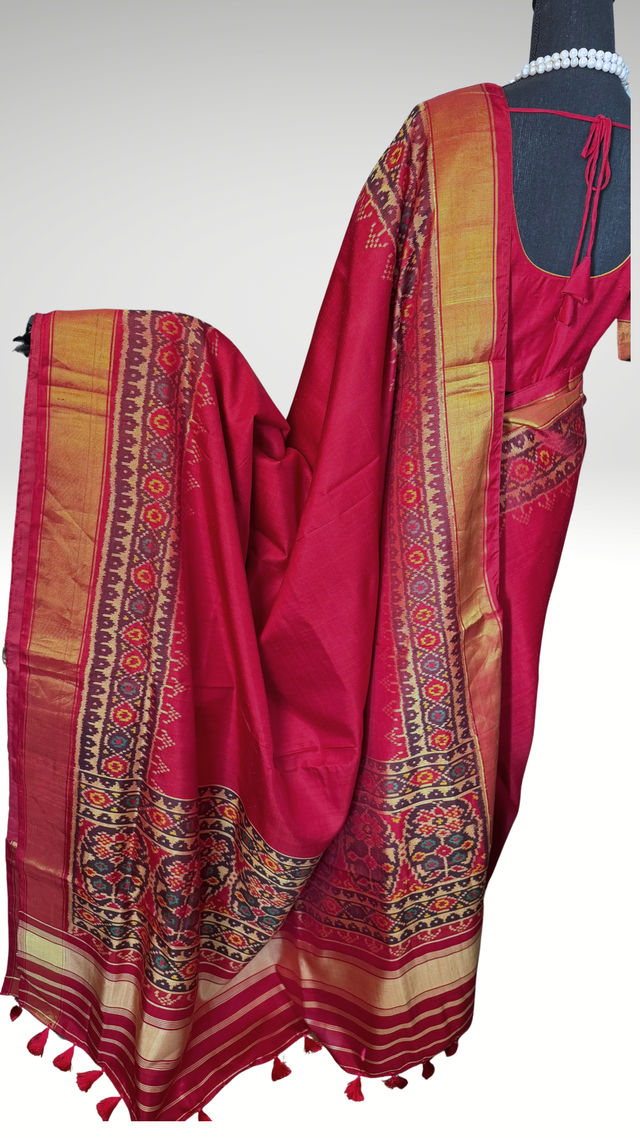 Pure patola silk saree  with white silk silk finish pallu with prestitched blouse