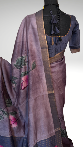 Tussar Silk handloom printed floral lavender violet Saree – Pure Silk Easy Drape Partywear & Indian Pooja Wear with Stitched Blouse | Online USA