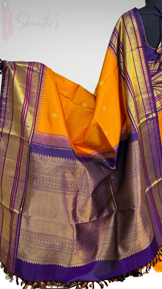 Apricot to Indigo Border Pure Kanjivaram Silk saree with stitched blouse ready to wear latest Diwali navarathri collection online USA