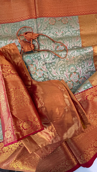 Meenkari green pure silk saree silver zari online usa with stitched blouse