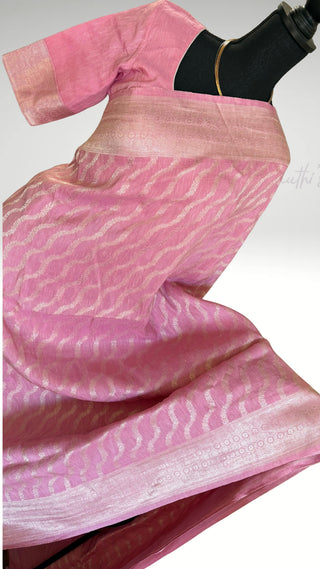 Pastel Pink Pure Handloom beneras weave in linen pure silver zari pastel pink saree embroidered linen saree online usa