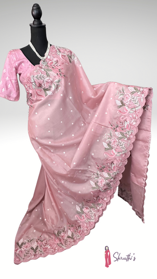 Pastel Pink pure embroidered Kota saree with stitched blouse