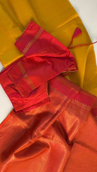 Pure Kanjivaram Handloom silk saree yellow to pink pure zari  Muhurtam Wedding Saree with ready to wear ship Blouse Online USA