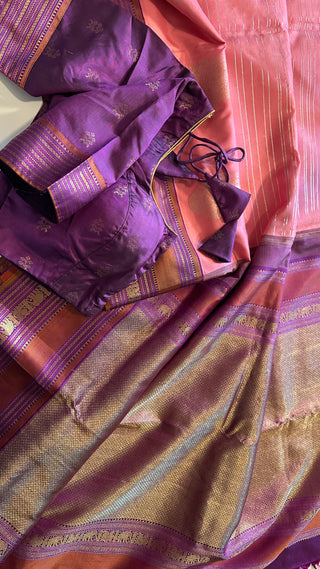 Pastel Pink Pure zari Hndwoven Brocade kanjivaram silver zari with stitched blouse Indian wedding silk saree