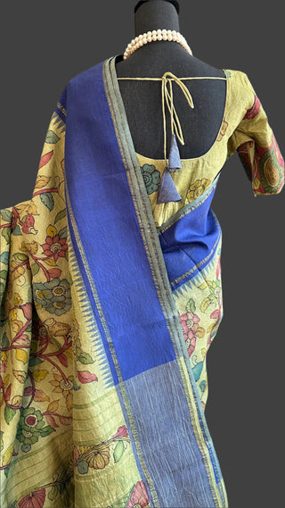 Pure pen kalamkari green pure kanchi pattu saree  yellow pen kalamkari saree with blouse online usa