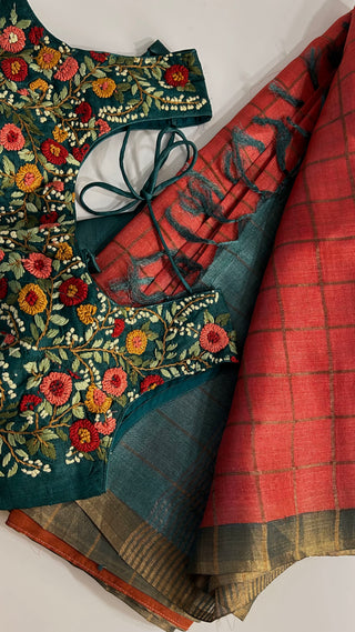 Crimson Red to bottle green sleeveless embroidered blouse with pure handloom saree Handloom silk Tussar with embroidery silk blouses zari borders and fine checks Partywear bridesmaids