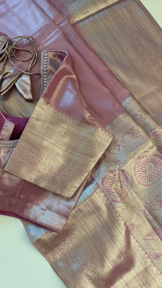 Pure Silver zari Tissue Kanchi Pattu saree with stitched blouse online shopping usa pastel silver zari kanjivaram