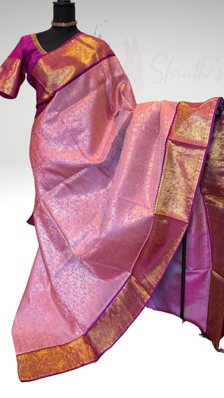 Pure Handloom Authentic Kanjivaram Pastel Pink Vanasingaram brocade silk saree gold zari online stitched blouse embroidered blouse  one of a kind elegant easy drape  silk saree online shopping ships from USA