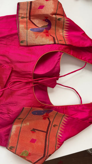 Pink silk blouse Gold pure zari birder Paithani blouse online usa silk blouses ready to wear online shopping blouse online