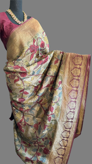 Pen Kalamkari Kanchi Pattu saree with zari  gold pure silk saree usa