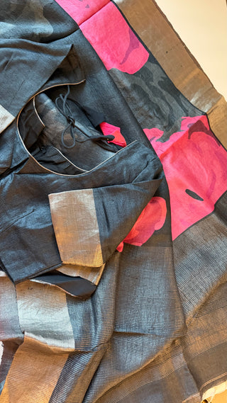 Black Tussar Beneras Katan saree with prestitched blouse