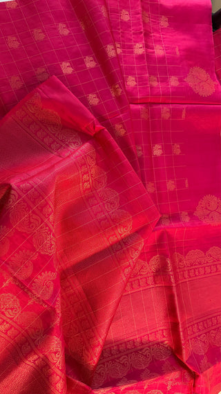 Handloom Reddish pink dual shade Easy drape with unstitched blouse Beautiful muthu kattam Soft silk kanchi pattu saree fine weave kanchi pattu bridal vintage revival