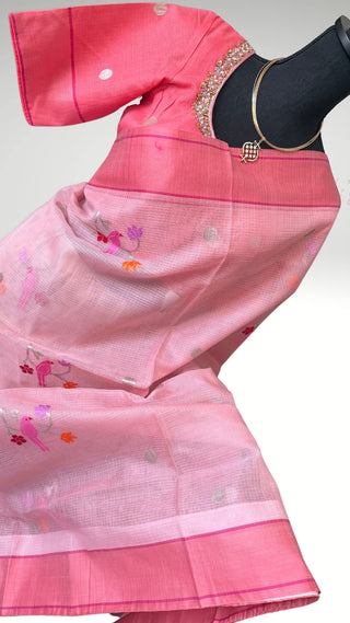 Handloom Pure zari Kota saree Pastel Pink silver zari with embroidered stitched blouse
