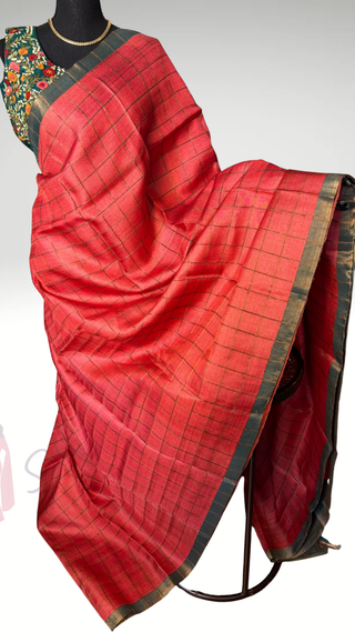 Crimson Red to bottle green sleeveless embroidered blouse with pure handloom saree Handloom silk Tussar with embroidery silk blouses zari borders and fine checks Partywear bridesmaids