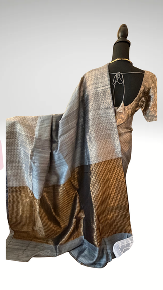 Handloom  pure Jute Silk Saree Grey pure silk saree raw silk finish with hand painted kalamkari stitched blouse Partywear pooja wear ready to ship Saree USA