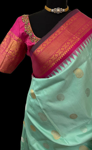 Bright green with pink gadwal saree online usa pure gadwal silk saree usa 
