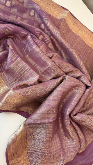 Handloom Pastel’s Lavender Georgette checks  Beneras silk saree with stitched blouse  online shopping Partywear