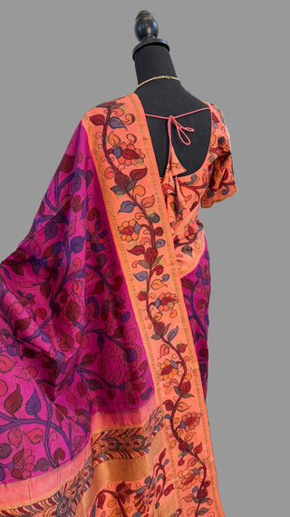 Pen kalamkari silk saree with silk borders and pallu with embroidered blouse online shopping usa pure fusion silk saree usa