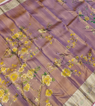 Kanjivram silver tissue woven floral design lavender pure kanchi pattu saree online shopping with embroidered stitched  blouse usa