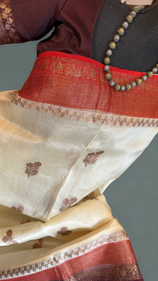 Indian saree Organza Beneras Beige cream silk saree partywear with blouse weave gold borders with stitched blouse