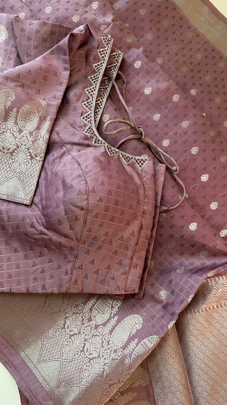 Mauve silver kanchi pure zari  kanchi pattu saree fine weave kanchi pattu bridal