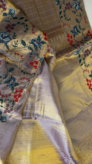 Pure Indian wedding kanjivaram light purple pastel Gold silk tissue brocade  silk pure embroidered silk handwoven