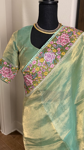 Pure Tissue Beneras pastel Green Party wear handloom handwoven pure silk saree stitched blouse saree readymade online USA