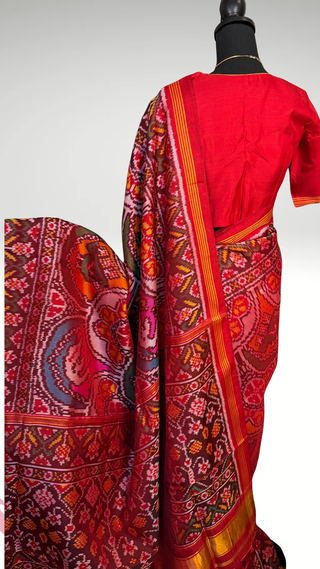 Pure red  Patan Patola Silk Saree White Red pure silk saree silk finish with stitched blouse Partywear pooja wear ready to ship Saree USA