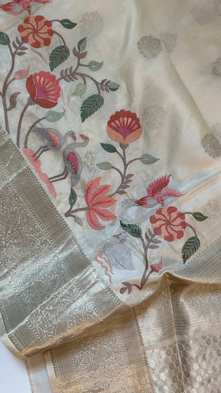 Cream White Embroidered Kanjivaram Silk Saree  Embroidered Blouse – Wedding & Party Wear Saree Online USA